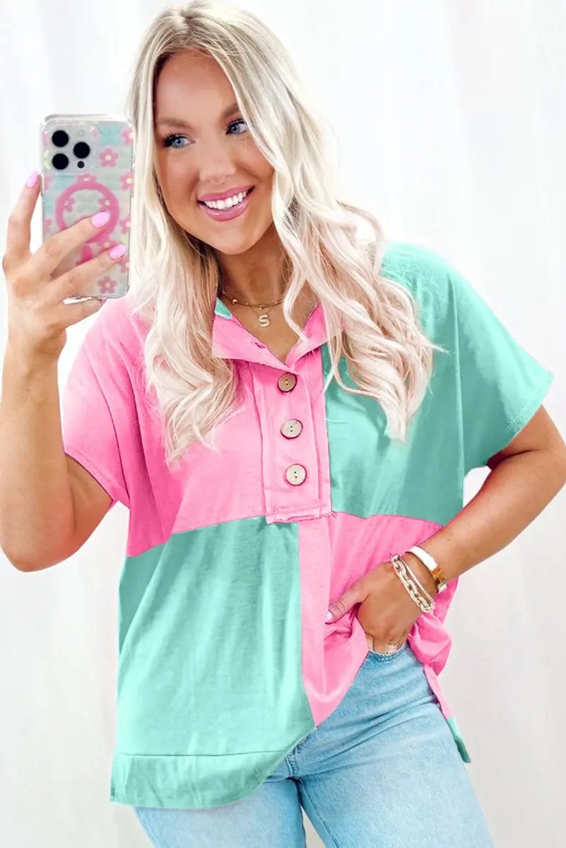 Mint Green Two Tone Half Buttons Collared T Shirt for Women - Love Salve